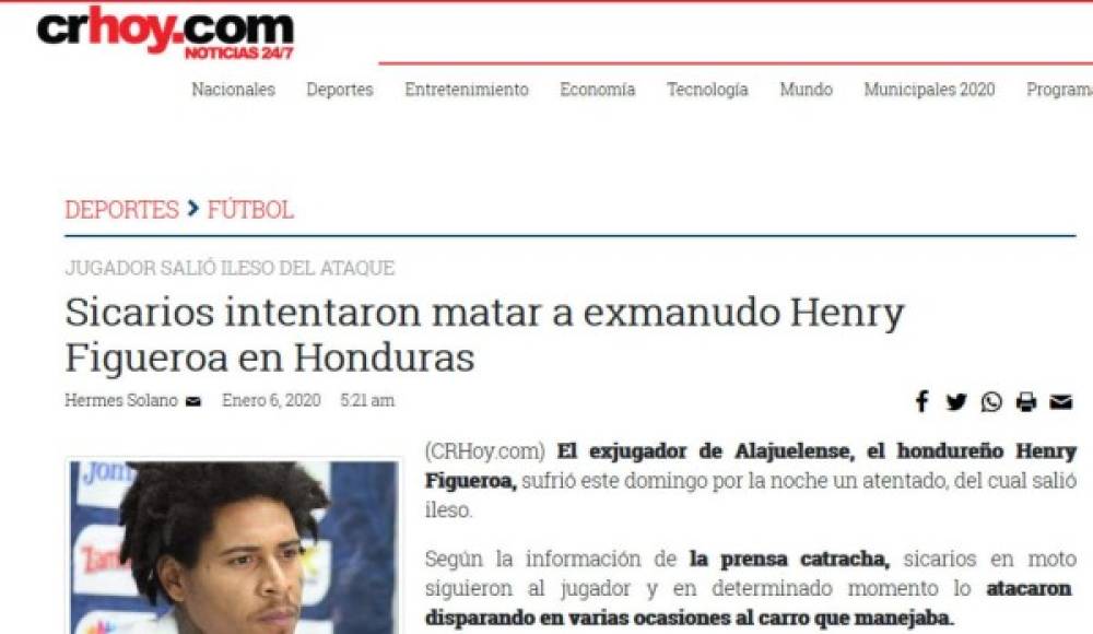La prensa en Costa Rica han informado de esta manera la noticia sobre el atentado que sufrió Henry Figueroa.