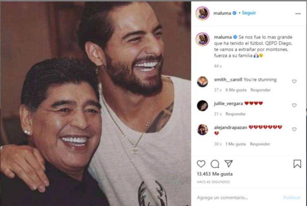 Maluma, quien compartió en varias ocasiones con el futbolista, dedico un emotivo mensaje al argentino. “Se nos fue lo más grande que ha tenido el fútbol. QEPD Diego, te vamos a extrañar por montones, fuerza a su familia”, dijo el colombiano junto a esta foto en la que aparece con Diego.<br/>