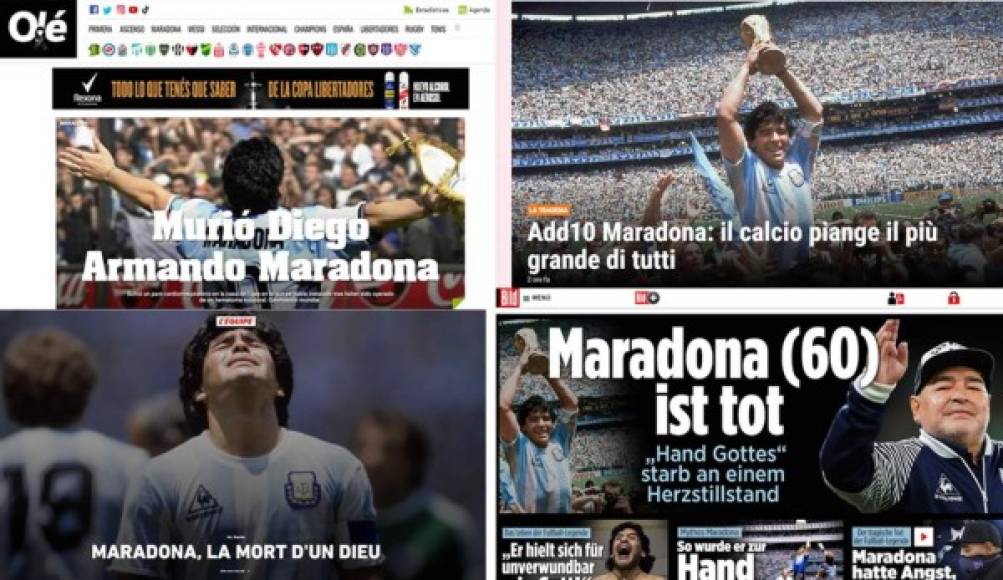 Los diarios en el mundo han reaccionado con mucha tristeza a la noticia de la muerte de Diego Maradona a los 60 años de edad. El astro argentino se descompensó y no pudo ser reanimado.