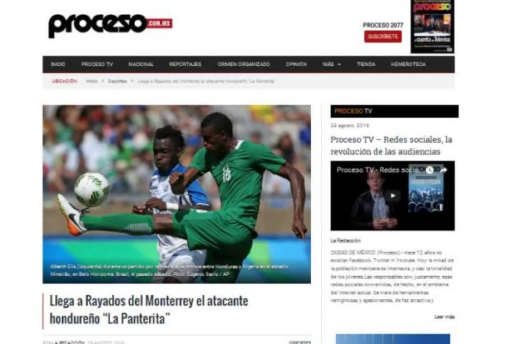El sitio web www.proceso.com.mx: 'Llega a Rayados del Monterrey el atacante hondureño La Panterita'.