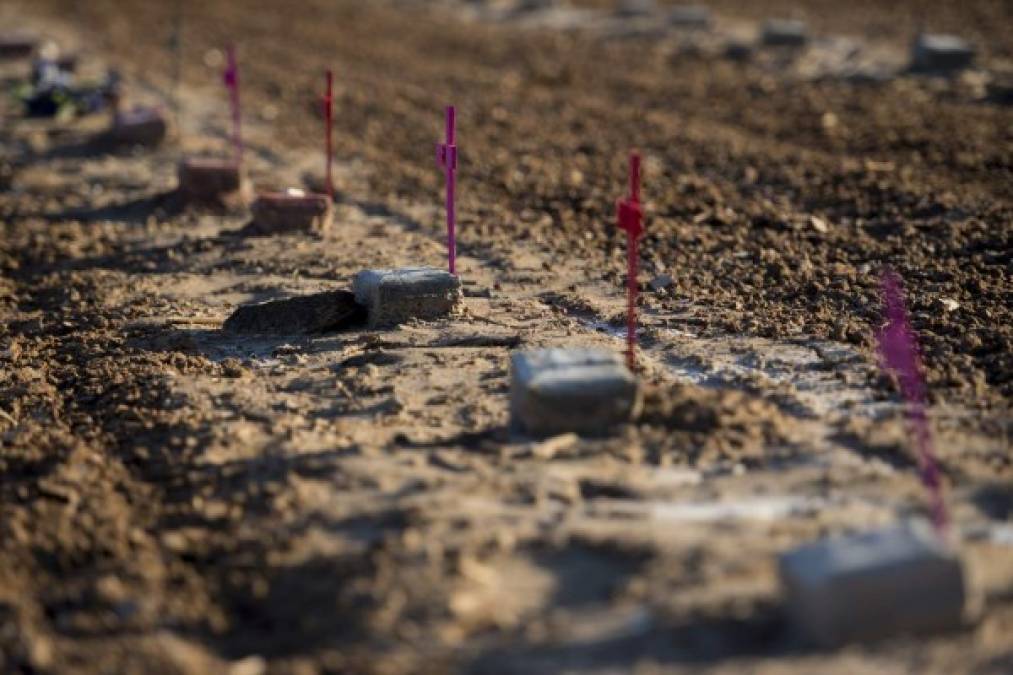 Bricks inscribed with the words 'John Doe' lie in an unmarked dirt lot at the end of Terrace Park Cemetery in Holtville, California on February 14, 2017, where the remains of hundreds of unidentified migrants are buried. <br/>Attention Editors, this image is part of an ongoing AFP photo project documenting the life on the two sides of the US/Mexico border simultaneously by two photographers traveling for ten days from California to Texas on the US side and from Baja California to Tamaulipas on the Mexican side between February 13 and 22, 2017. You can find all the images with the keyword : BORDERPROJECT2017 on our wire and on www.afpforum.com / AFP PHOTO / JIM WATSON