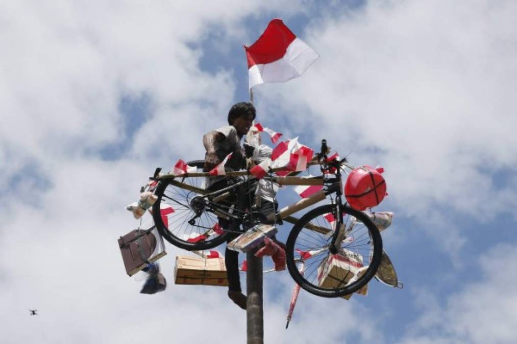 INDONESIA. Fiesta en Yakarta. Trepa a lo alto para alcanzar los regalos durante las celebraciones por el 72 Día de la Independencia.