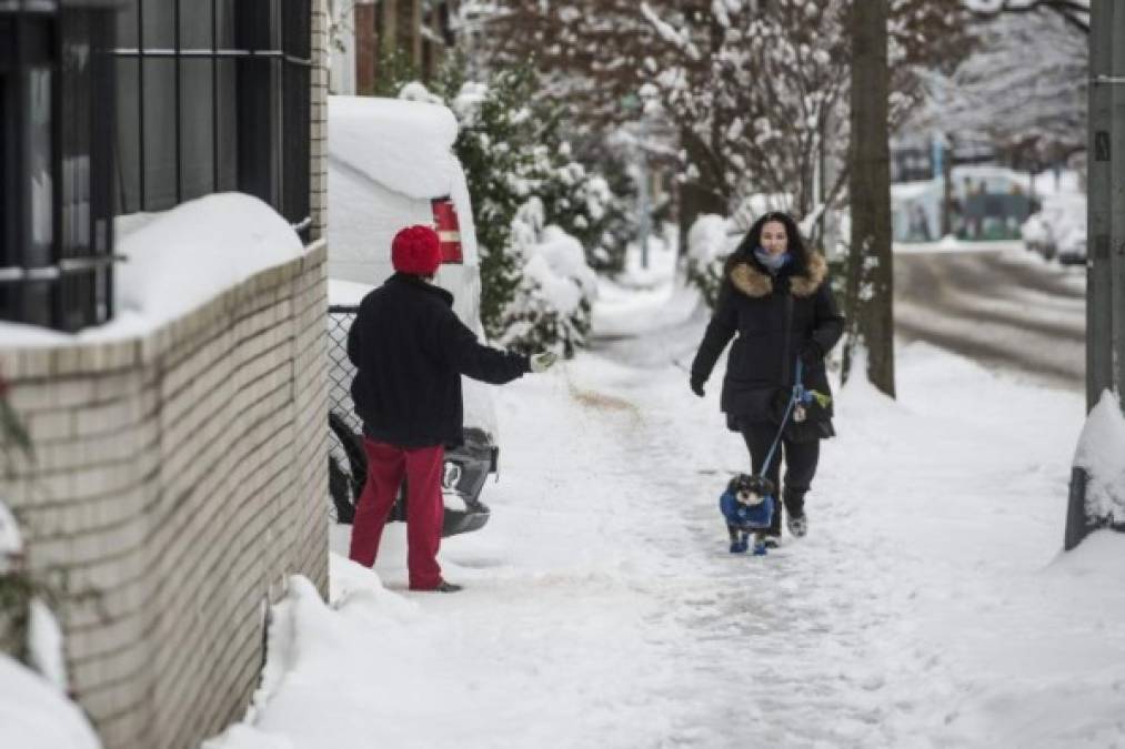 A woman spreads salt as an another walks her dog on an icy street in Washington, DC on January 14, 2019. - Federal offices and all public school systems in the Washington DC area are closed Monday, as well as many private schools, colleges and local governments. (Photo by Eric BARADAT / AFP)