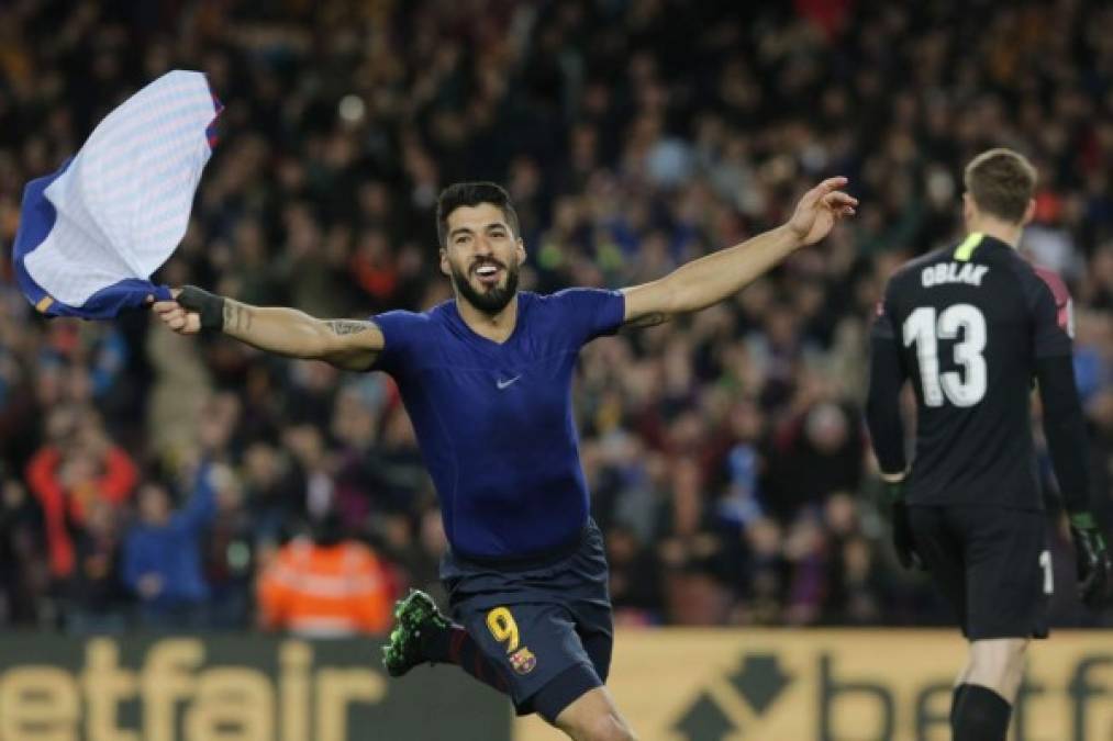 La emoción de Luis Suárez tras anotarle un golazo a Oblak. Foto AFP