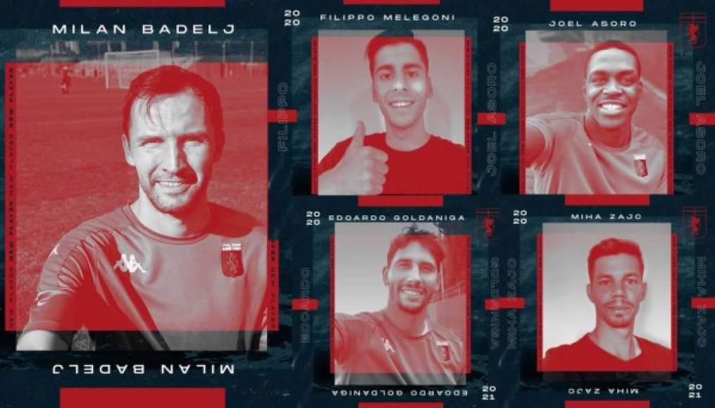 El Génova ha anunciado hasta cinco nuevas incorporaciones este miércoles. El club rossoblu se ha hecho con los servicios del mediocampista Filippo Melegoni, el defensa Edoardo Goldaniga, el delantero Joel Asoro, el mediocampista Milan Badelj y otro centrocampista Miha Zajc.