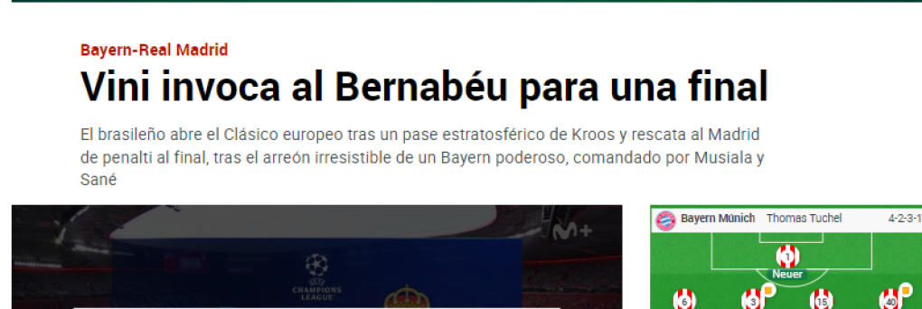 “Vini invoca al Bernabéu para una final”, Diario Marca de España.