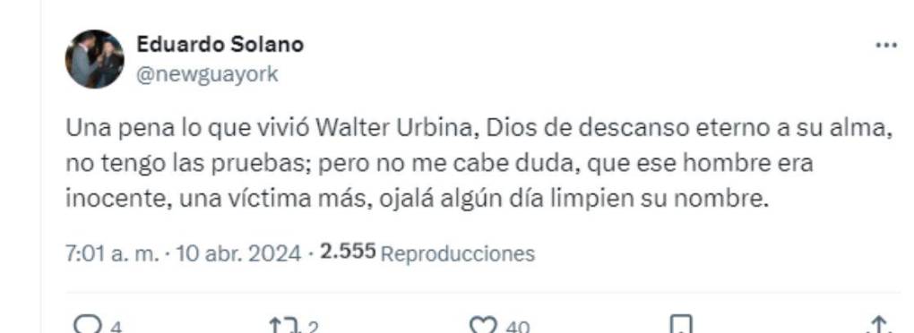 Eduardo Solano, periodista hondureño radicado en EUA, lamentó la muerte de Walter Urbina: “Ojalá algún día limpien su nombre”, indicó.