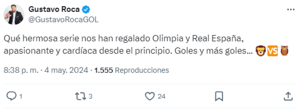 Y agregó: “Que bonita serie nos han regalado Olimpia y Real España, apasionante y cardiaca desde el principio”.