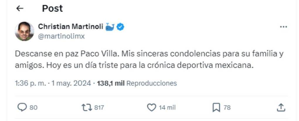 Cristian Martinoli de TV Azteca se pronunció y lamentó la muerte de su colega Paco Villa.