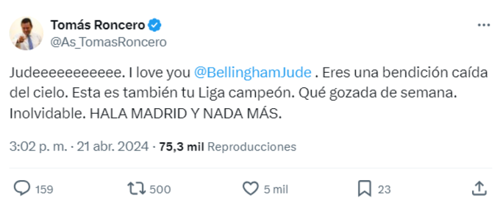 Tomás Roncero, director de AS y colaborador de El Chiringuito, dijo que Bellingham le cayó del cielo al Madrid.