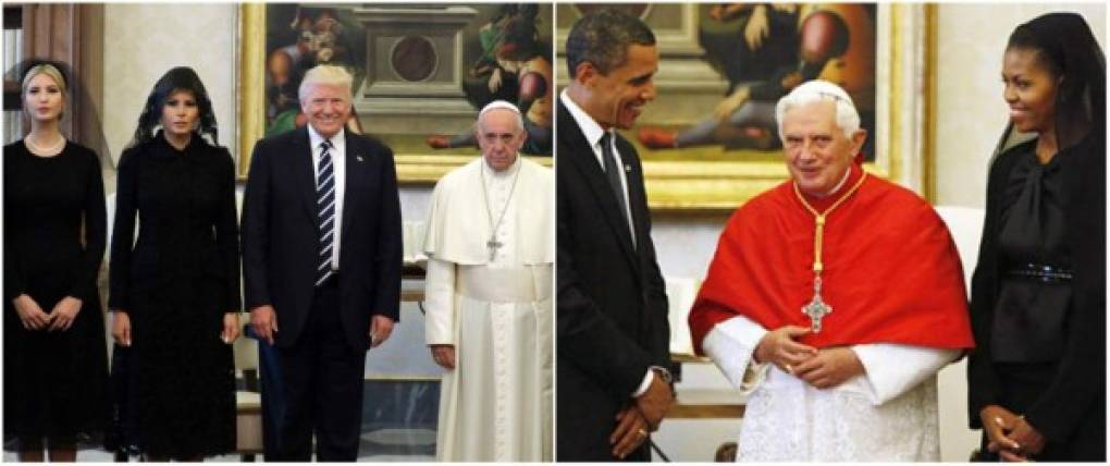 Ivanka, Melania y Donald Trump con el papa Francisco, a un lado la visita que hizo Barack Obama y su esposa Michelle al Vaticano cuando estaba el papa Benedicto XVI.