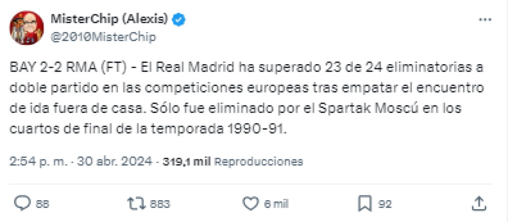 El dato de Mister Chip: “El Real Madrid ha superado 23 de 24 eliminatorias a doble partido en las competiciones europeas tras empatar el encuentro de ida fuera de casa. Sólo fue eliminado por el Spartak Moscú en los cuartos de final de la temporada 1990-91”.