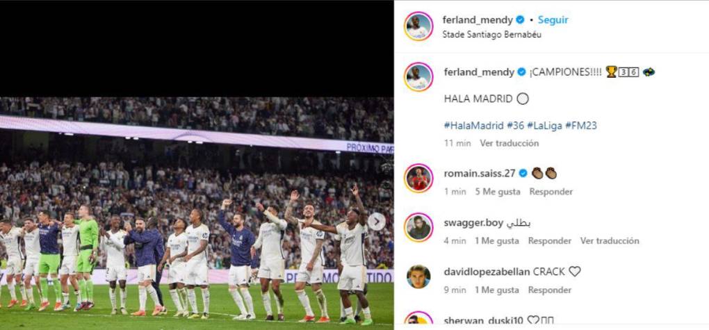 El lateral zurdo Ferland Mendy fue otro de los que se expresó en sus redes sociales. 