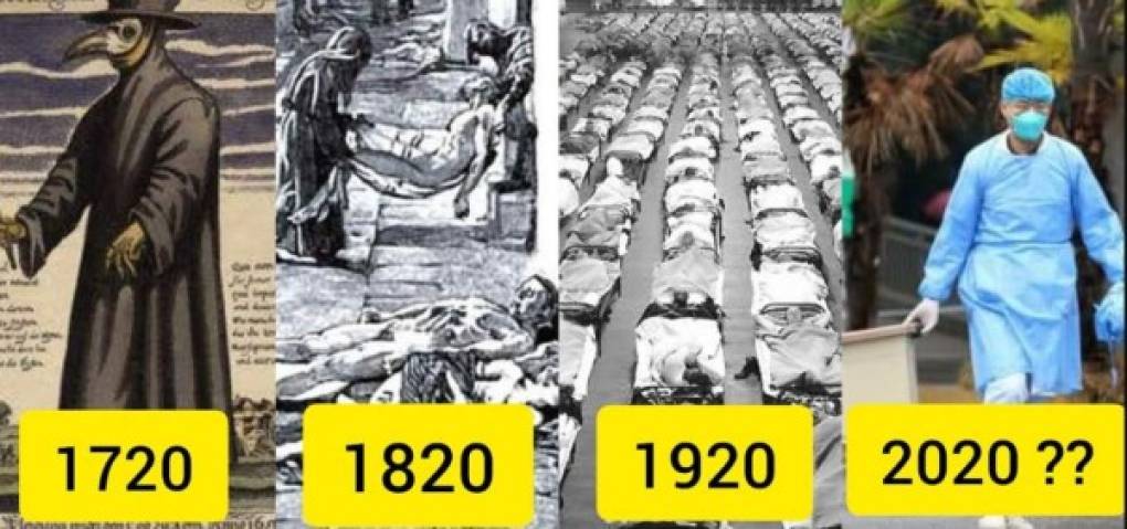 La imagen con esas afirmaciones fue publicada en Facebook en español el pasado 14 de marzo y ha sido compartida al menos 25,000 veces. También fue divulgada por algunas cuentas de Twitter (1, 2).<br/><br/><br/>Dicha postal está compuesta por cuatro fotos que supuestamente corresponden a varias epidemias y sobre cada una de ellas un texto dice: “Peste negra 1720 / El cólera 1820 / Gripe Española 1920 / COVID-19 2020”.
