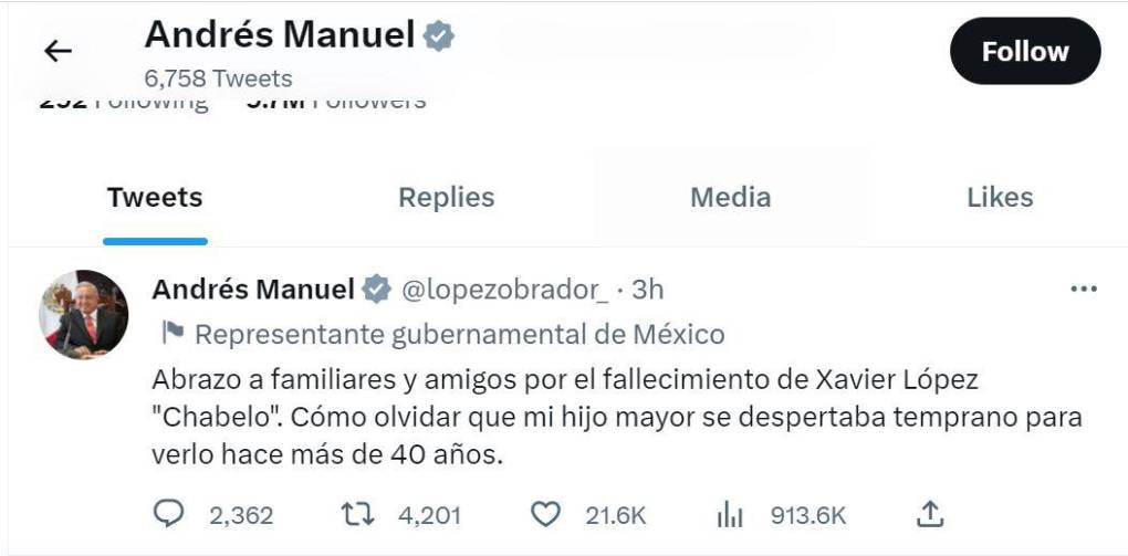 El presidente mexicano, Andrés Manuel López Obrador, expresó sus condolencias. “Abrazo a familiares y amigos por el fallecimiento de Xavier López ‘<b>Chabelo</b>’. Cómo olvidar que mi hijo mayor se despertaba temprano para verlo hace más de 40 años”, escribió en Twitter. 