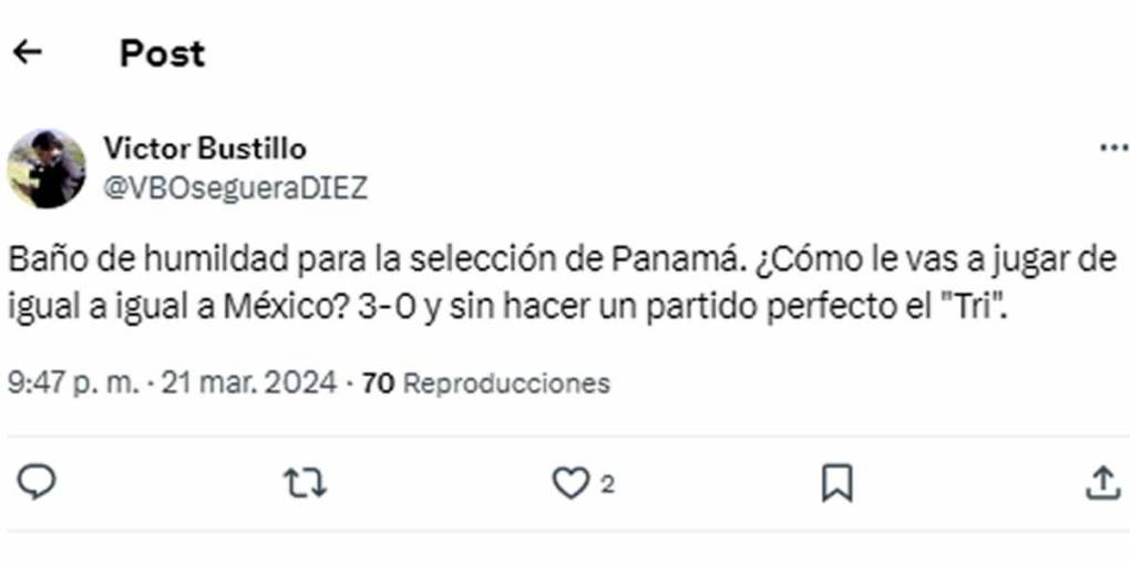 El periodista hondureño Víctor Bustillo considera que fue un “baño de humildad para la selección de Panamá. ¿Cómo le vas a jugar de igual a igual a México? 3-0 y sin hacer un partido perfecto el Tri”.