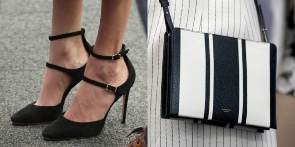 La prometida real agregó otro toque de moda a su estilo usando tacones de gamuza negra de la casa de moda Tamara Mellon y un bolso Orton estilo crossbody.
