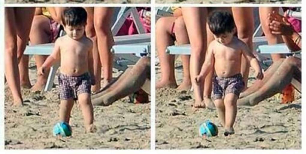 Thiago Messi da sus primeros toques en la playa, y aunque todavía es muy pequeño, parece que tiene un control del balón que ya quisieran muchos niños mayores que él.