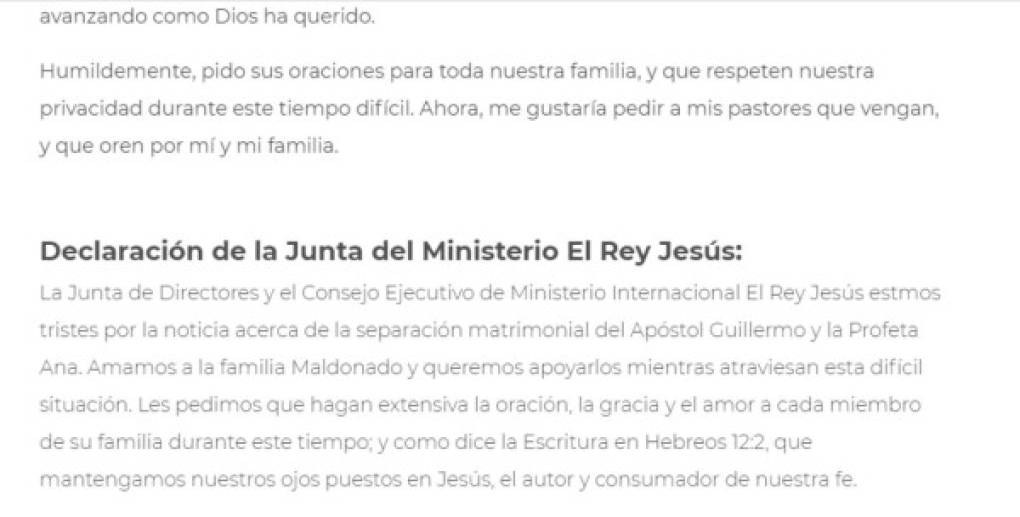 La declaración del pastor Maldonado y oficial del ministerio 'El Rey Jesús', confirma los rumores de separación de los líderes de dicho ministerio internacional con expansión en unos 50 países.