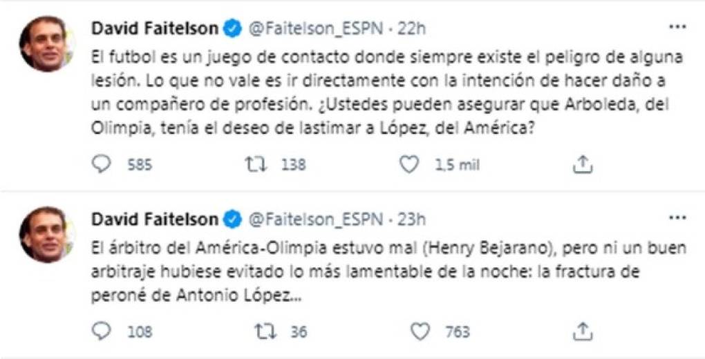 El siempre polémico periodista mexicano se refirió a la grave lesión que sufrió Antonio de Jesús 'Chucho' López por una falta de Yustin Arboleda. Faitelson no cree que el colombiano tuviera la intención de provocar la fractura de peroné al jugador americanista.