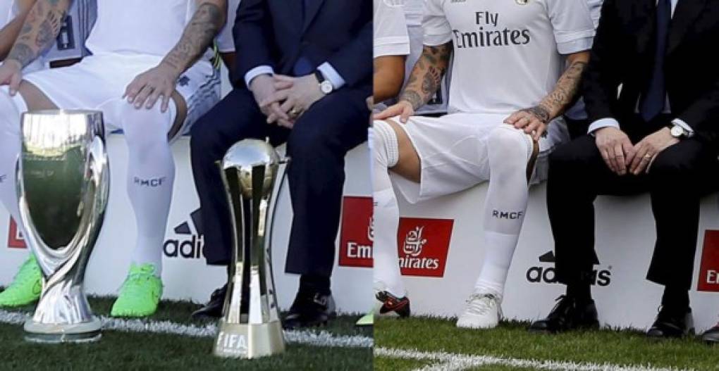 Desaparecen las copas (Supercopa de Europa y Mundialito) que ganó Ancelotti en su última temporada y que acompañaron a Florentino en la foto oficial con Benítez. (RealMadrid.com).