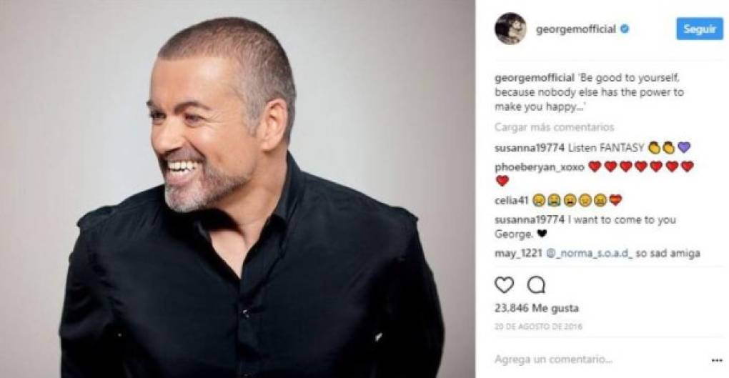 'Sé bueno contigo mismo, porque nadie más tiene el poder de hacerte feliz...', escribió el cantante George Michael, quien murió el 25 de diciembre de 2016.