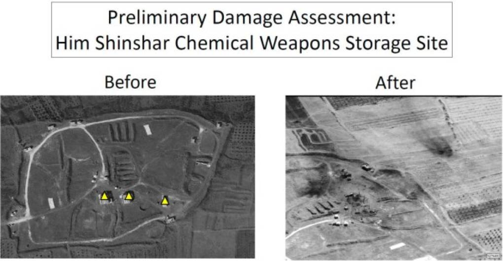 Imágenes publicadas por el Departamento de Defensa de los EEUU, muestran el sitio de almacenamiento de Shinshar, al oeste de Homs, antes y después de ser atacado por Estados Unidos, Gran Bretaña y Francia.