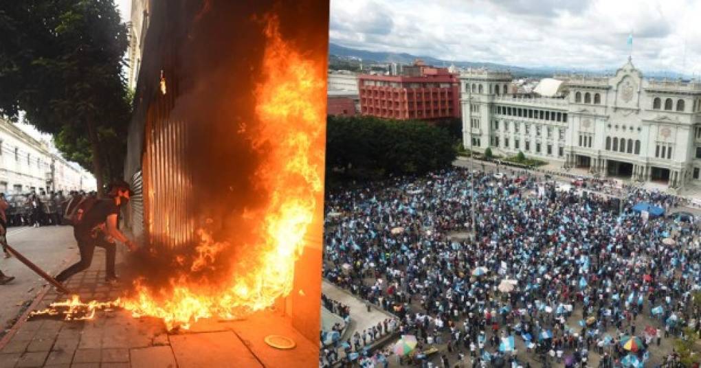 Miles de guatemaltecos se lanzaron este sábado a las calles del centro del país para manifestarse enardecidos en contra del Gobierno del presidente Alejandro Giammattei, en una serie de protestas que culminaron con la quema de una parte del Congreso y la dispersión de los asistentes mediante bombas lacrimógenas.<br/><br/>Fots: AFP/EFE