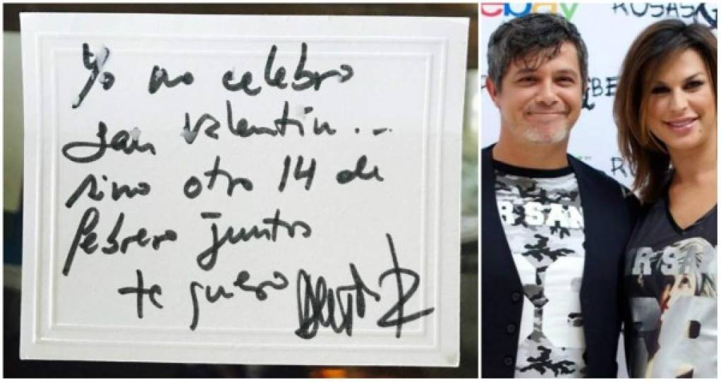 Alejandro Sanz y Raquel 'Raki' Perera<br/>El español dedicó uno de sus frases a sus seguidores enamorados 'AMOR, tu nombre está escrito en todos los pupitres donde estudio'; mientras que la madre de sus hijos compartió una foto de una nota firmada por el cantante:<br/>'Esto antes del partido Del Real Madrid ... ahora no hay quien hable... 😃😃 #igualteamo' escribió haciendo chiste de la coincidencia en el día del amor y el clásico español que se jugó hoy.<br/>