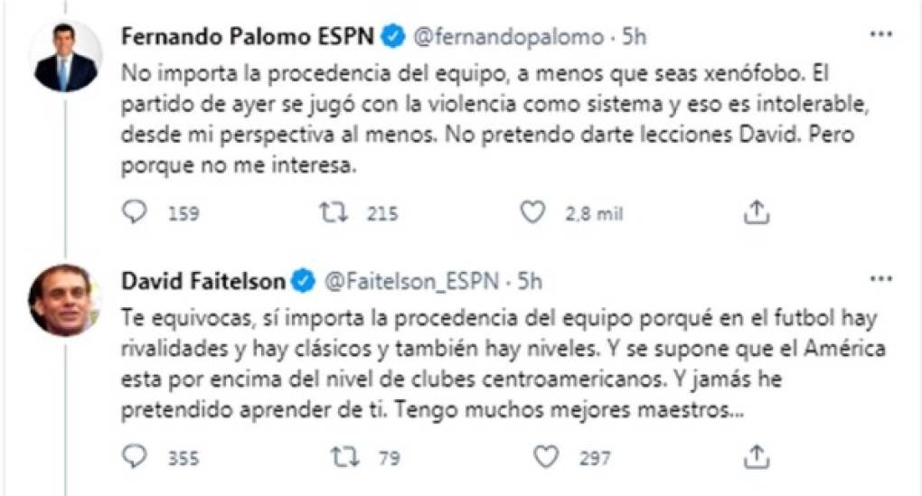 Palomo y Faitelson siguieron y se dijeron cosas personales. “No pretendo darte lecciones David. Pero porque no me interesa”, escribió el salvadoreño.<br/><br/>A lo que el mexicano respondió: “Jamás he pretendido aprender de ti. Tengo muchos mejores maestros...”.