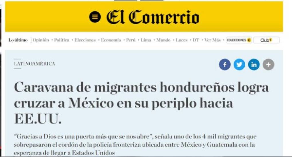 Diario El Comercio de Perú destacó la noticia entre sus titulares.