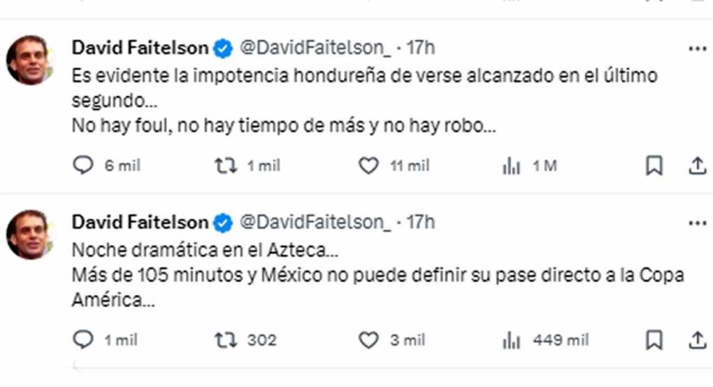 No obstante, David Faitelson reconoció el nivel mostrado por la selección hondureña en el partido, mensajes que publicó en su cuenta de X, antes Twitter.