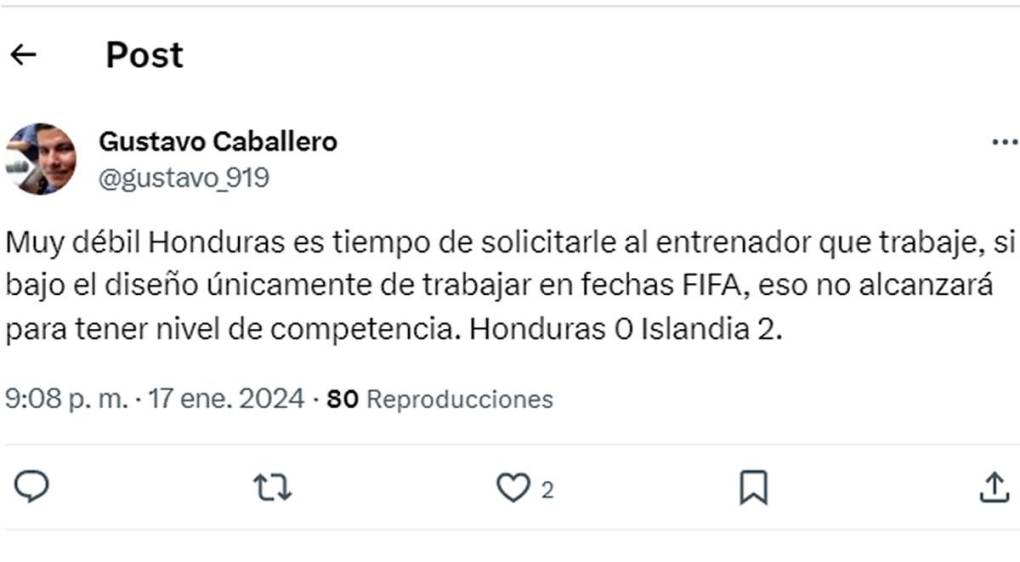 Gustavo Caballero, periodista hondureño - “Muy débil Honduras es tiempo de solicitarle al entrenador que trabaje, si bajo el diseño únicamente de trabajar en fechas FIFA, eso no alcanzará para tener nivel de competencia. Honduras 0 Islandia 2”.