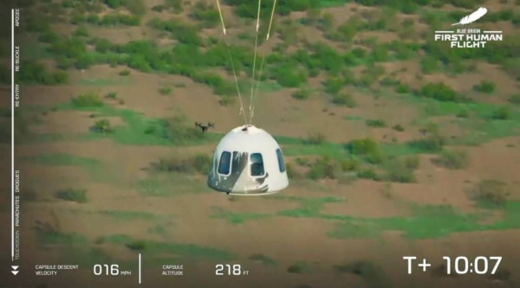 Tras unos minutos de ingravidez, la cápsula descendió en caída libre antes de desplegar tres paracaídas gigantes y luego un retropropulsor para aterrizar suavemente en el desierto tras un vuelo de unos 10 minutos.
