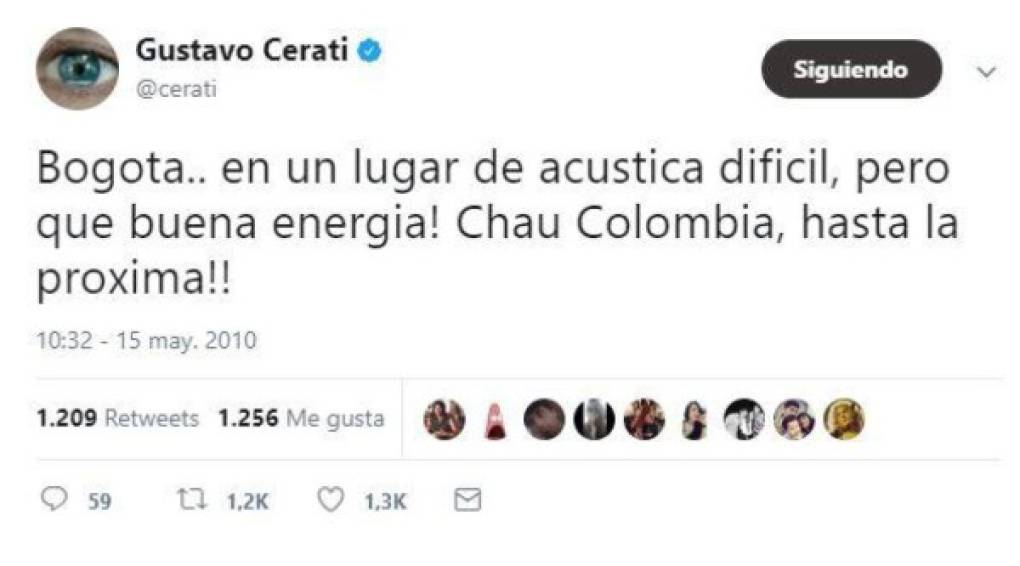 Antes de caer en coma, Cerati emocionado agradecía por Twitter a la gente que asistió a su concierto en Colombia.
