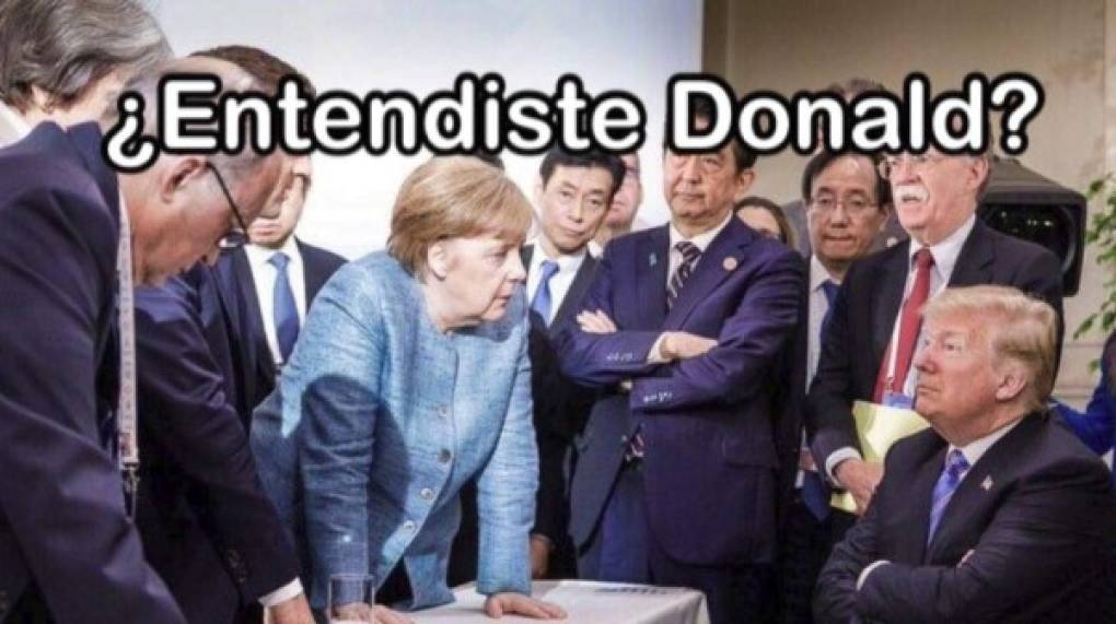 La imagen que muestra a Merkel, en una postura desafiante hacia el presidente estadounidense Donald Trump, frente al resto de los líderes mundiales aliados a EEUU, se viralizó rápidamente en redes sociales, provocando burlas y memes.