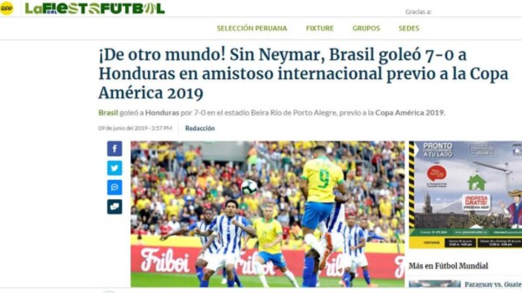 RPP de Perú - '¡De otro mundo! Sin Neymar, Brasil goleó 7-0 a Honduras en amistoso internacional previo a la Copa América 2019'.