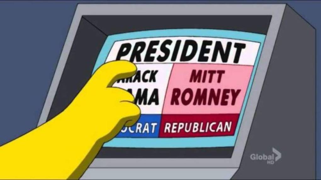Escándalo con máquinas de votación fraudulentas<br/><br/>Fecha de emisión original: 2 de noviembre de 2008<br/>Fecha en la que se volvió realidad: 6 de noviembre de 2012<br/><br/>Antes de las elecciones de 2008, Los Simpson mostraron a Homero intentando votar por Obama, pero la máquina no dejaba de cambiar su elección por John McCain. Cuatro años más tarde, esta misma situación sucedió en la vida real cuando se puso fuera de servicio una máquina de votación electrónica tras ser filmada registrando votos destinados a Obama como votos para Mitt Romney.