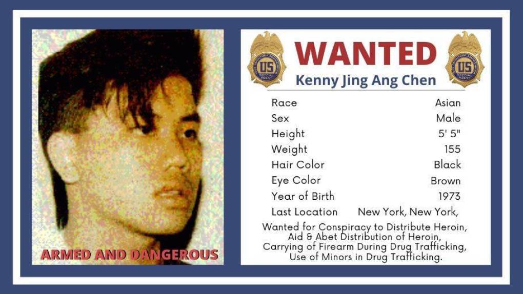 KENNY JING: La DEA lo acusa de dirigir una red de distribución de heroína en Estados Unidos. Tiene 47 años de edad, de origen asiático y estaría en Estados Unidos, donde nació. 