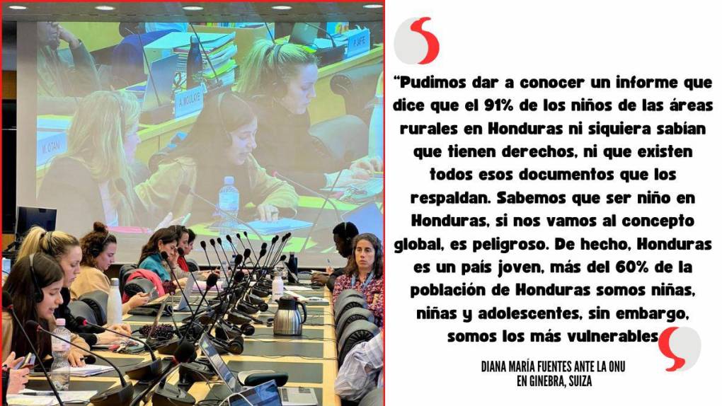 <b>Diana María en el foro alternativo sobre las garantías de derechos del niño para representar a los niños de Honduras en Ginebra, Suiza, una instancia de la Organización de Naciones Unidas, y parte de su ponencia como voz de los niños de Honduras.</b>