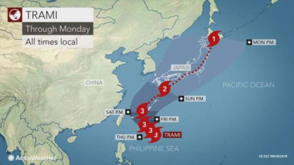 Trami azotará las islas Ryukyu en el sur de Japón, incluyendo Okinawa, este sábado.