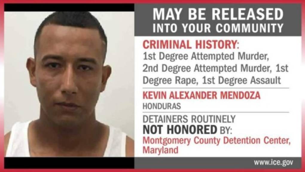 Kevin Alexander Mendoza: El historial criminal de este hondureño incluye los delitos de tentativa de homicidio en primer y segundo grado, primer grado de violación y primer grado de asalto, según publicó ICE. La orden de captura fue girada por el condado de Montgomery en Maryland.