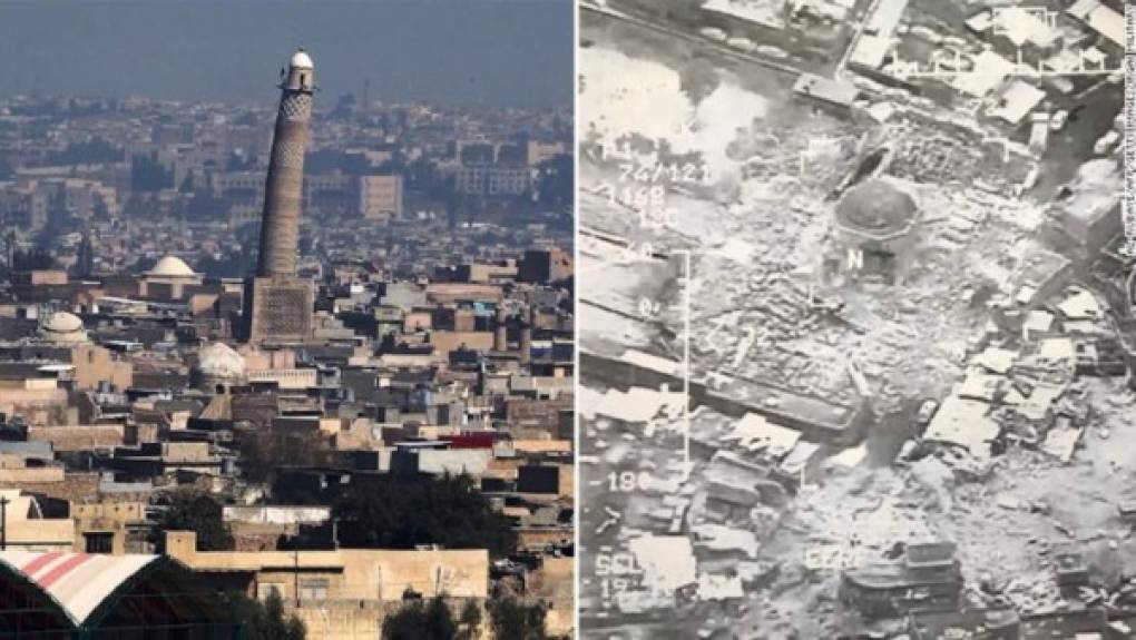 La gran mezquita de Al-Nuri, en Mosul - Fotografías del antes y el después de la destrucción. Estados Unidos e ISIS culpan al otro bando por su pérdida.