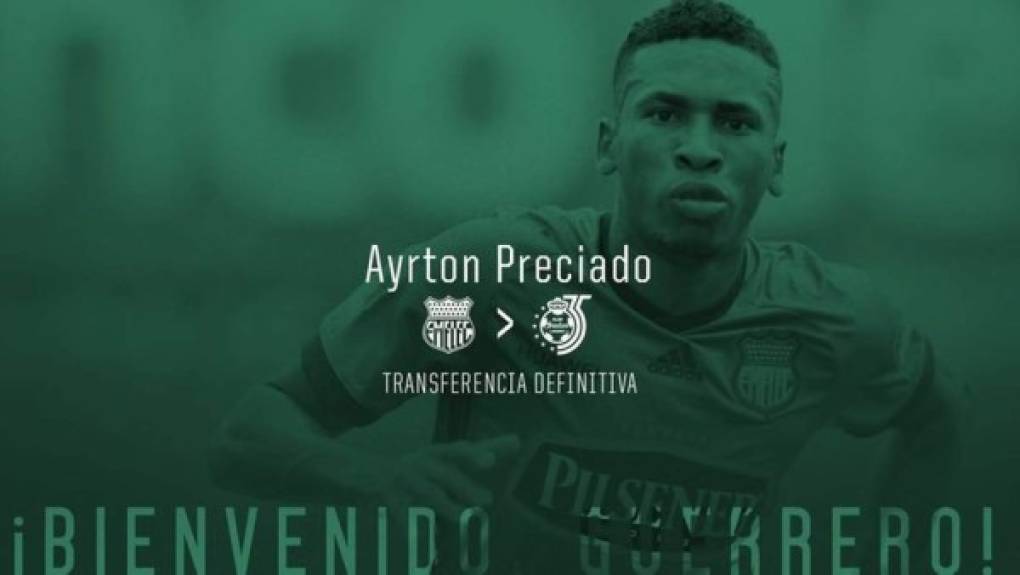 El delantero ecuatoriano Ayrton Preciado fichó por el Santos Laguna, campeón del fútbol mexicano, con el que jugará el torneo Apertura 2018.