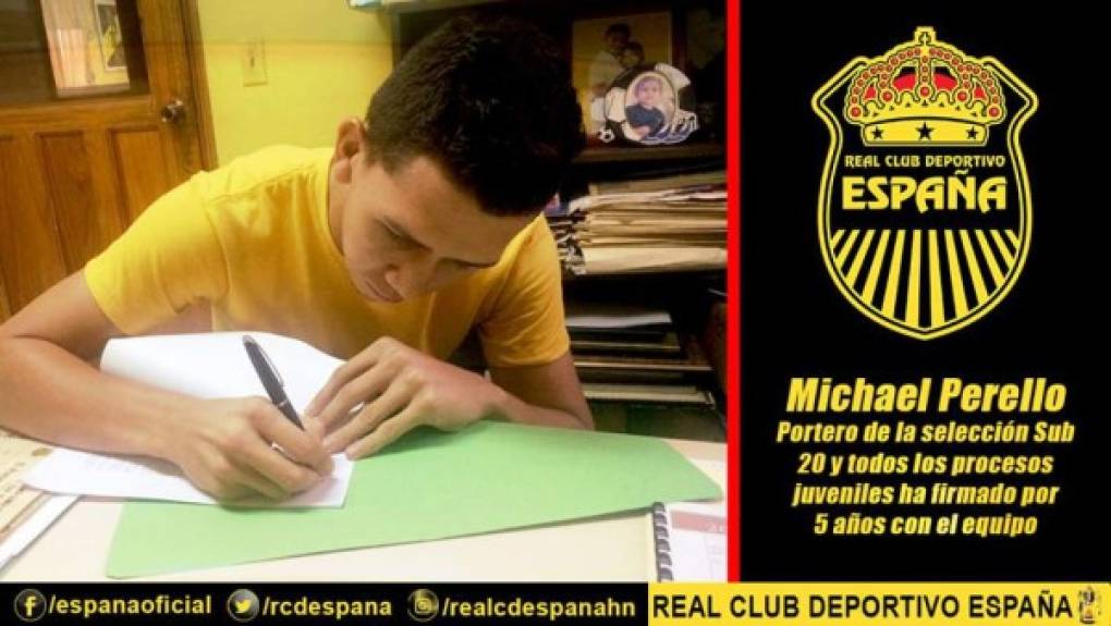El joven portero Michael Perelló, de la Selección Sub-20 y en todos los procesos juveniles, ha firmado contrato con el Real España por cinco años. El guardameta llega procedente del Marathón.