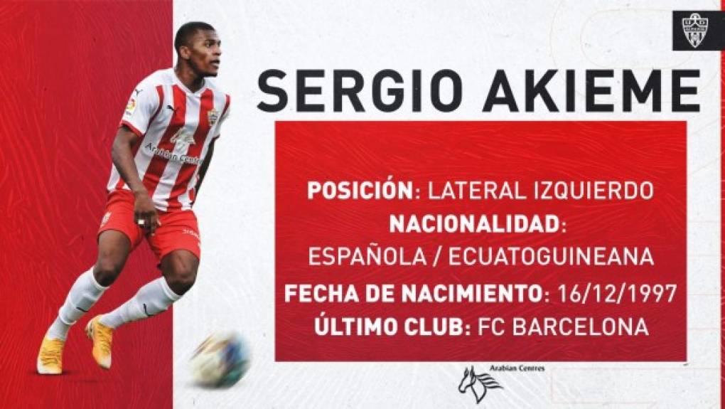La operación salida en el Barcelona sigue su marcha. El club azulgrana anunció la cesión del lateral hispano-ecuatoguineano Sergio Akieme al Almería, que suma así su fichaje 12 para esta temporada.