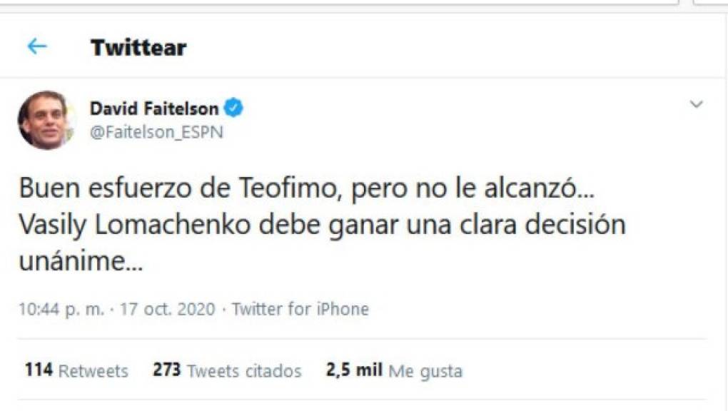 Faitelson se atrevió a señalar que Lomachenko era el ganador de la pelea y aseguró que al hondureño Teófimo López no le alcanzó. El periodista de ESPN quedó retratado con este posteo.