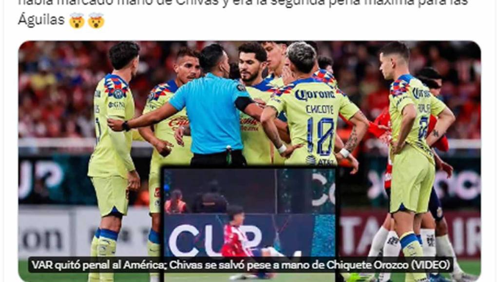 Para Fox Sports México esa jugada del segundo penal fue polémica: “Polémica en el Clásico porque el árbitro había marcado mano de Chivas y era la segunda pena máxima para las Águilas”.