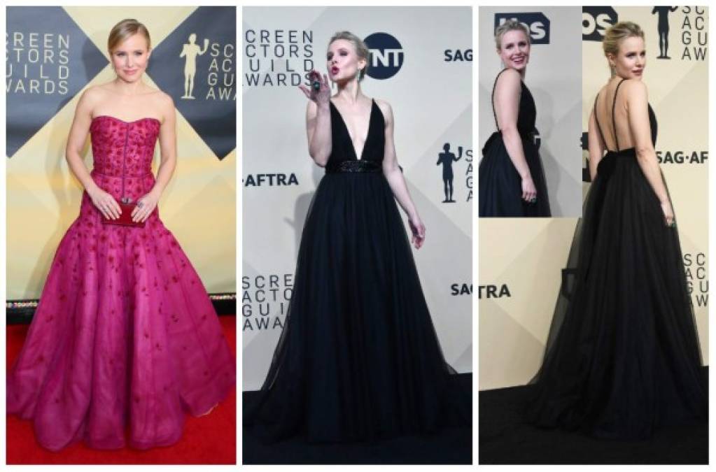 La anfitriona de la noche Kristen Bell no eligió el mejor corte para su llegada al evento, el vestido no marcaba su cintura.<br/>Pero se enmendó después del show al usar un hermoso vestido negro escotado del frente y la espalda.<br/>