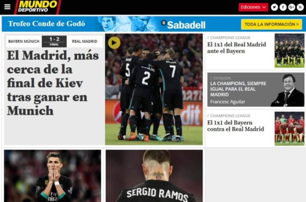 Mundo Deportivo de España: 'El Madrid, más cerca de la final de Kiev tras ganar en Munich'.
